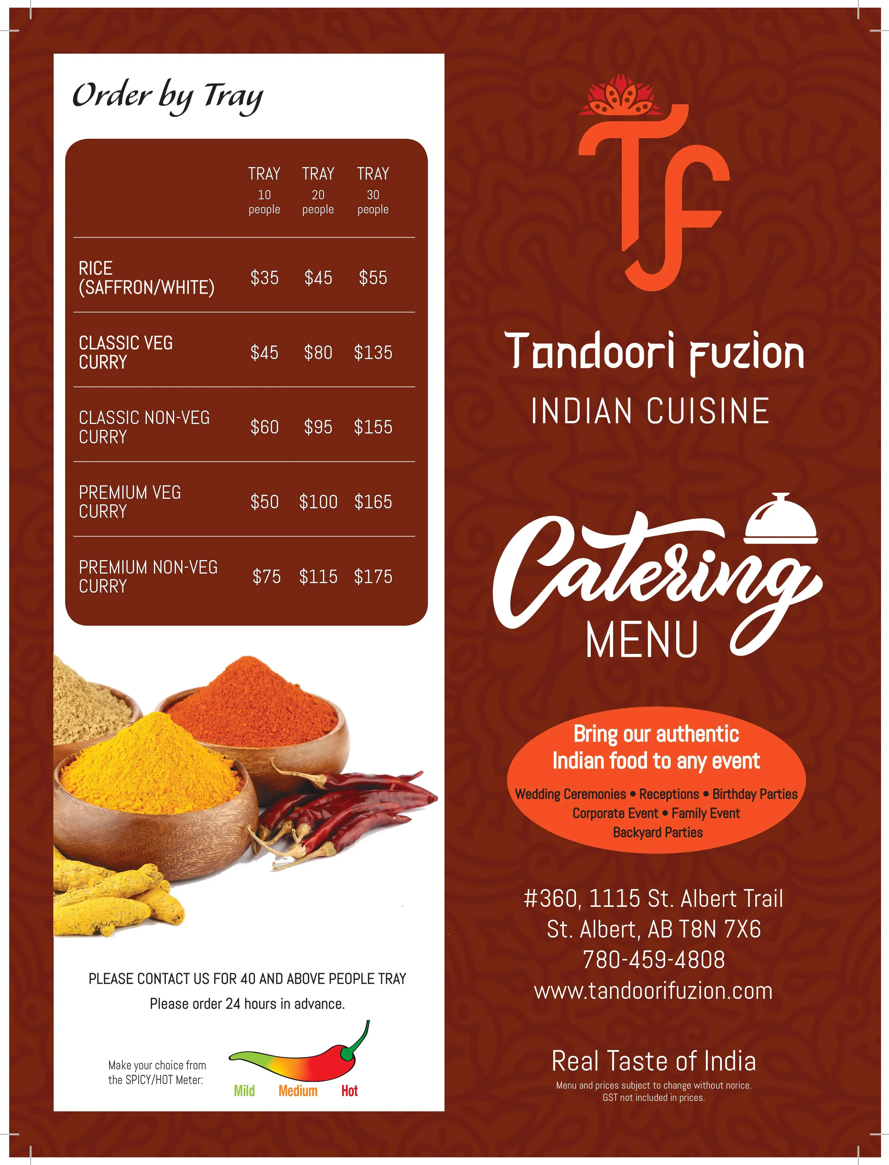 Catering trays of authentic North Indian dishes from Tandoori Grill Calgary